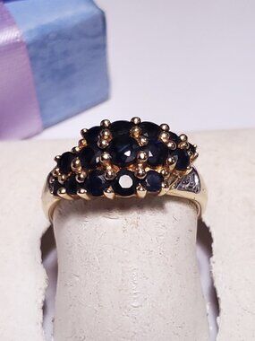 Estate 1.00ctw Natural Rd Sapphire & Diamond 3 row 10Kt Y/G S-6.25 Ring #24211